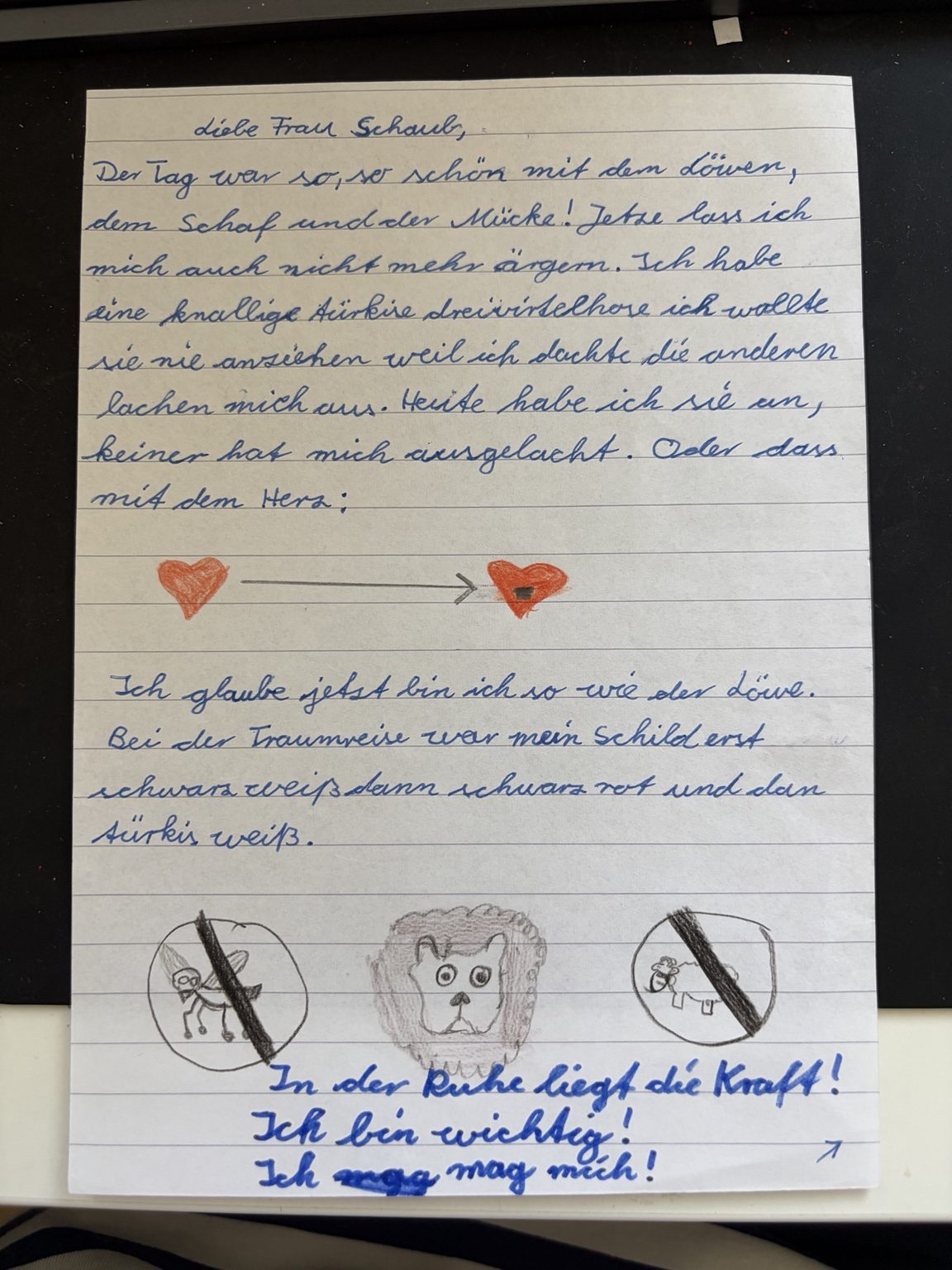 Handgeschriebener Brief eines Kindes nach dem Selbstbehauptungstraining